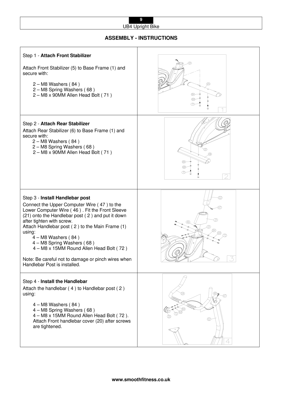 Smooth Fitness UB4 Assembly Instructions, Attach Front Stabilizer, Attach Rear Stabilizer, Install Handlebar post 