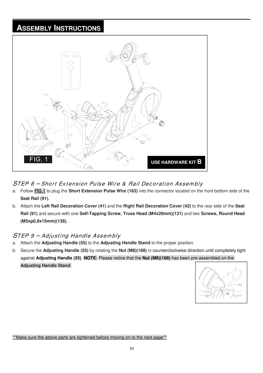 Smooth Fitness V2300 owner manual Short Extension Pulse Wire & Rail Decoration Assembly, Adjusting Handle Assembly 