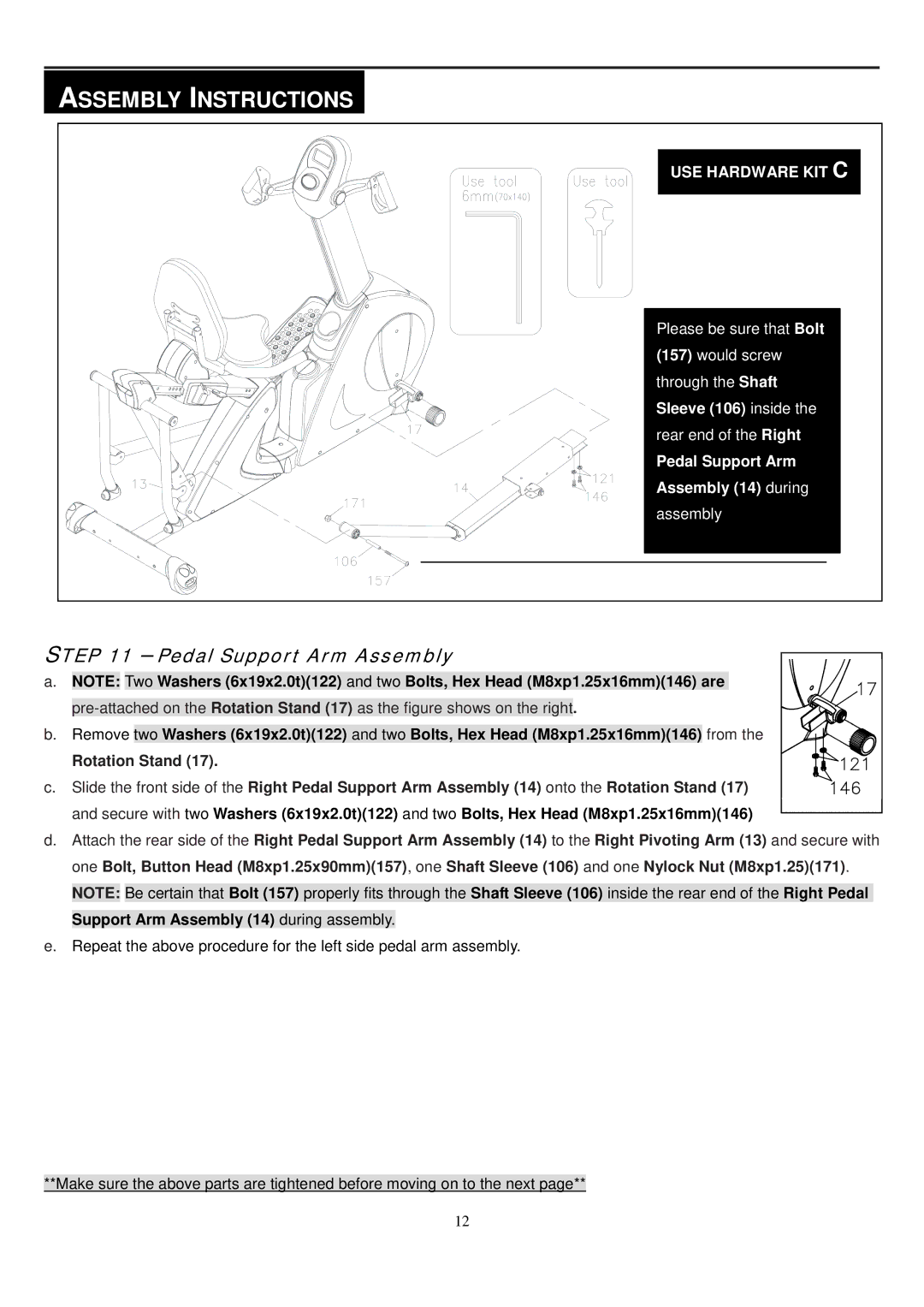 Smooth Fitness V2300 owner manual Pedal Support Arm Assembly, USE Hardware KIT C 