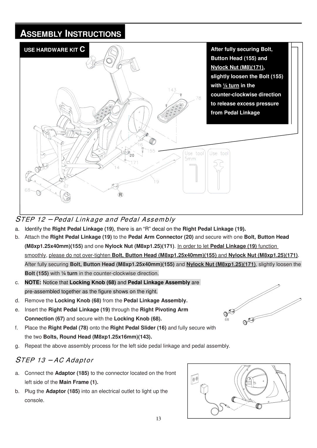 Smooth Fitness V2300 owner manual Pedal Linkage and Pedal Assembly, AC Adaptor 