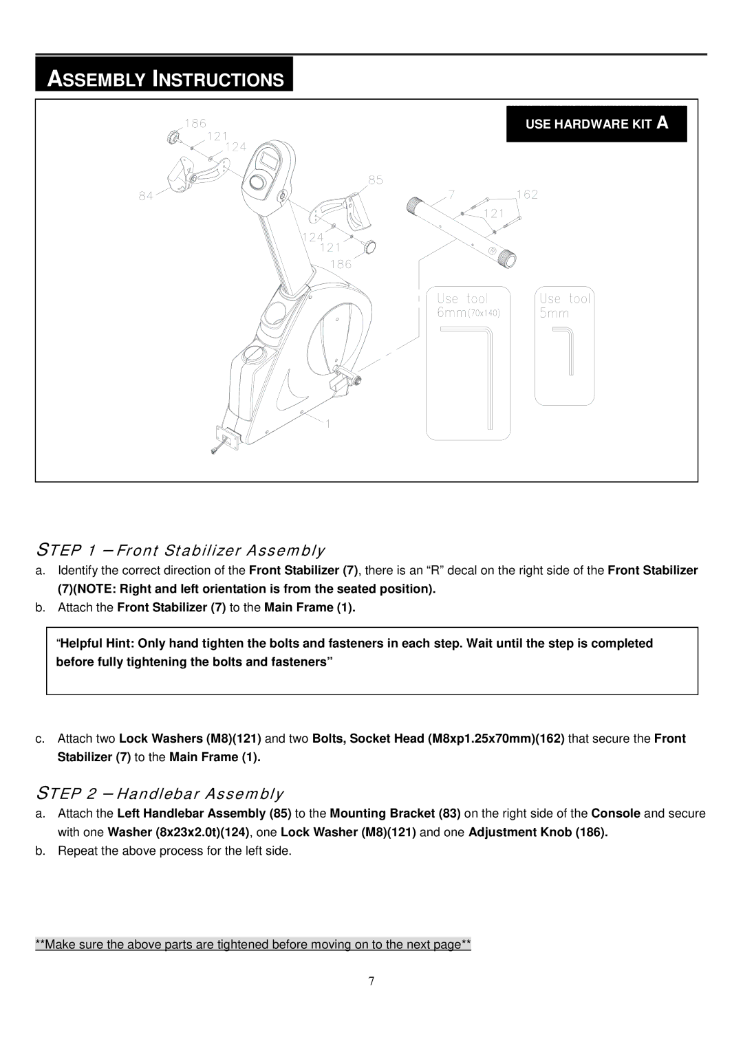 Smooth Fitness V2300 owner manual Assembly Instructions, Front Stabilizer Assembly, Handlebar Assembly 