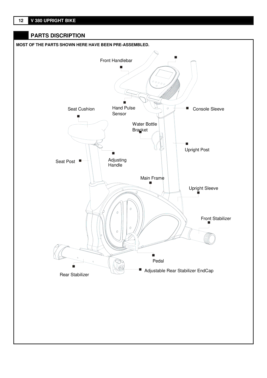 Smooth Fitness V380 user manual Parts Discription 