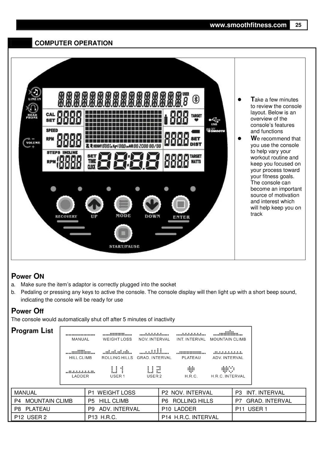 Smooth Fitness V380 user manual Power on, Power Off, Program List 