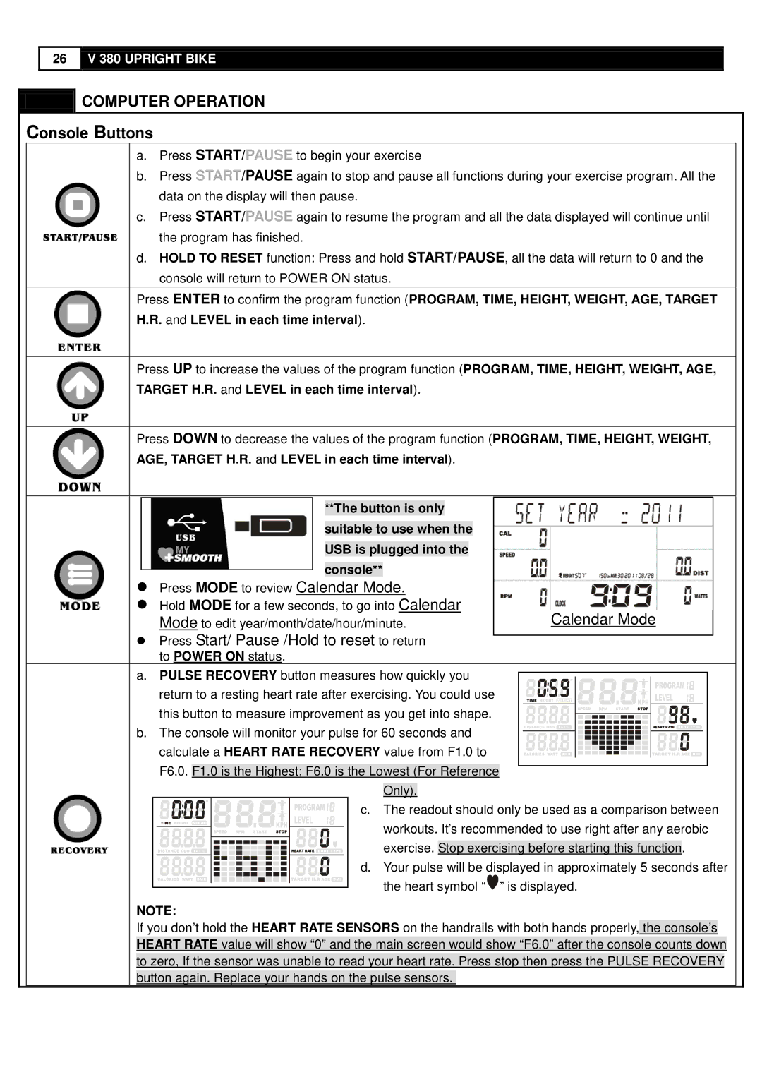 Smooth Fitness V380 user manual Console Buttons, Target H.R. and Level in each time interval, USB is plugged into Console 