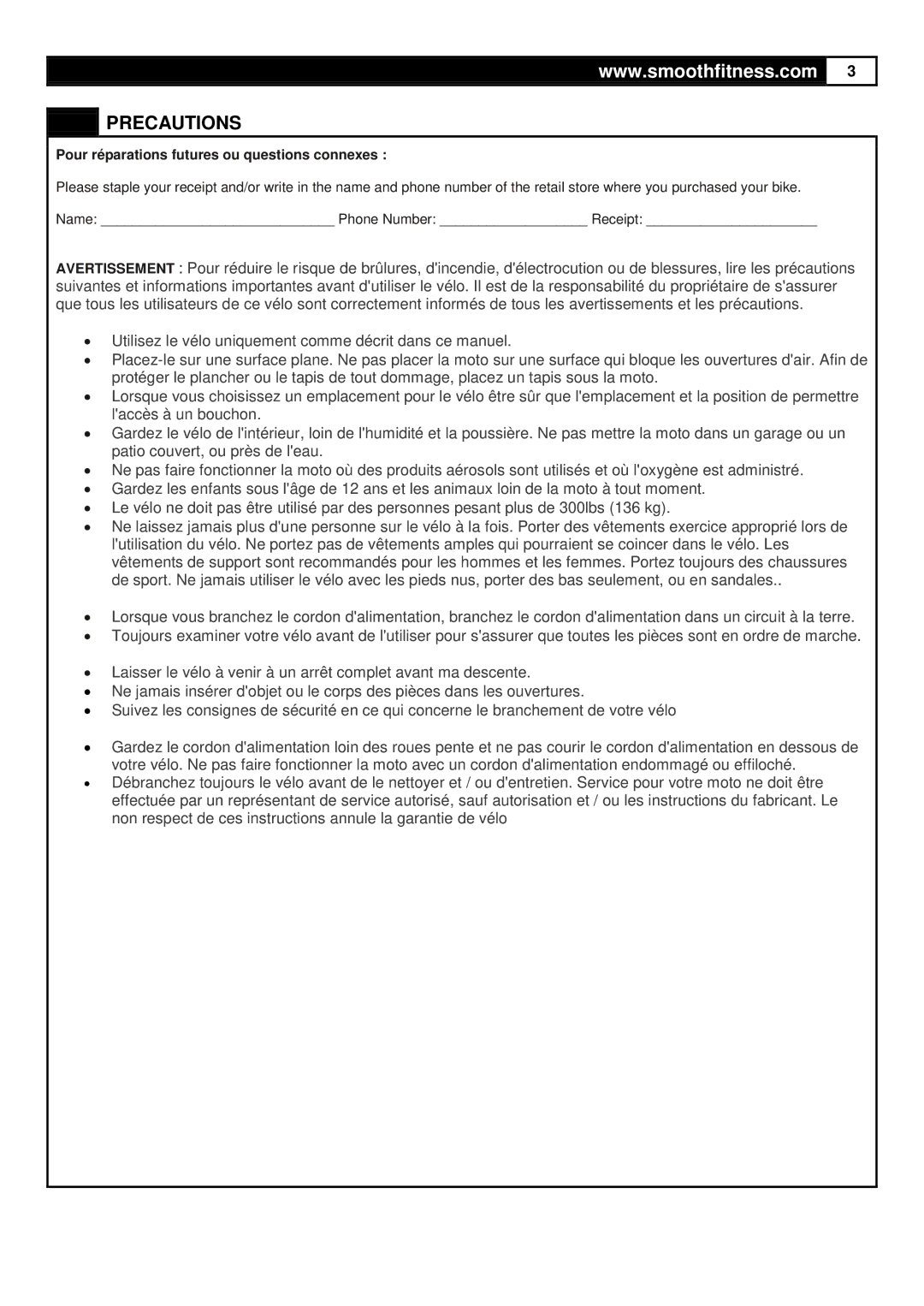 Smooth Fitness V380 user manual Pour réparations futures ou questions connexes 