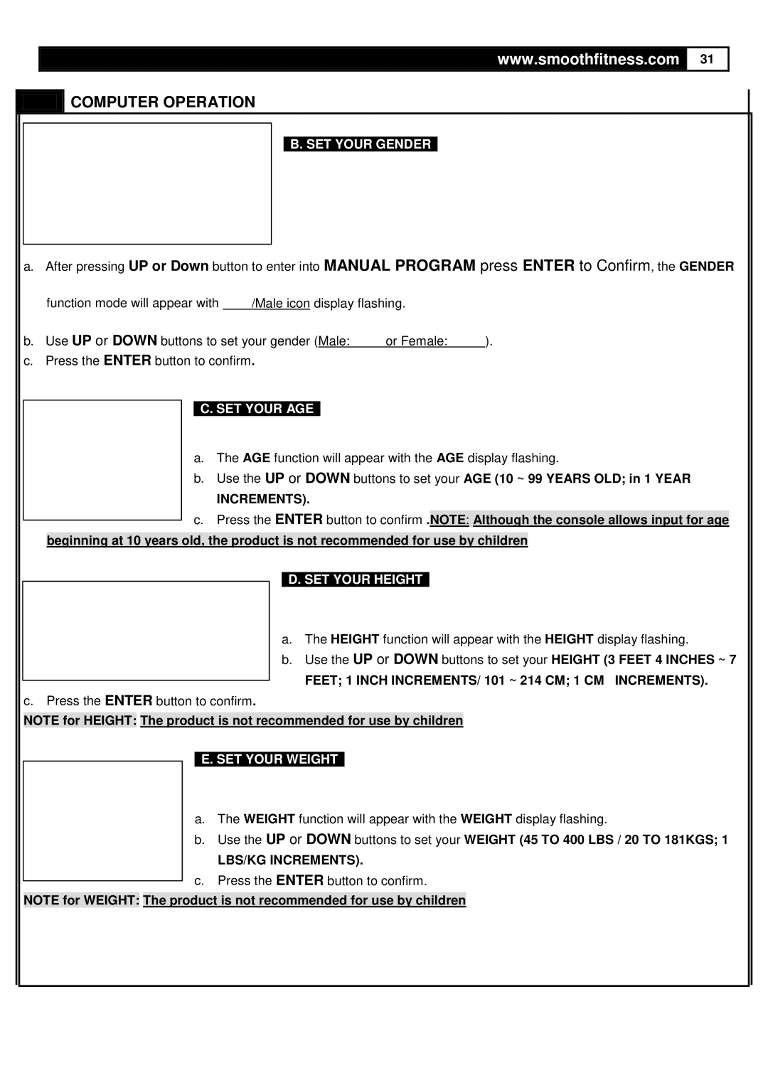 Smooth Fitness V380 user manual Feet 1 Inch INCREMENTS/ 101 ~ 214 CM 1 CM Increments, LBS/KG Increments 