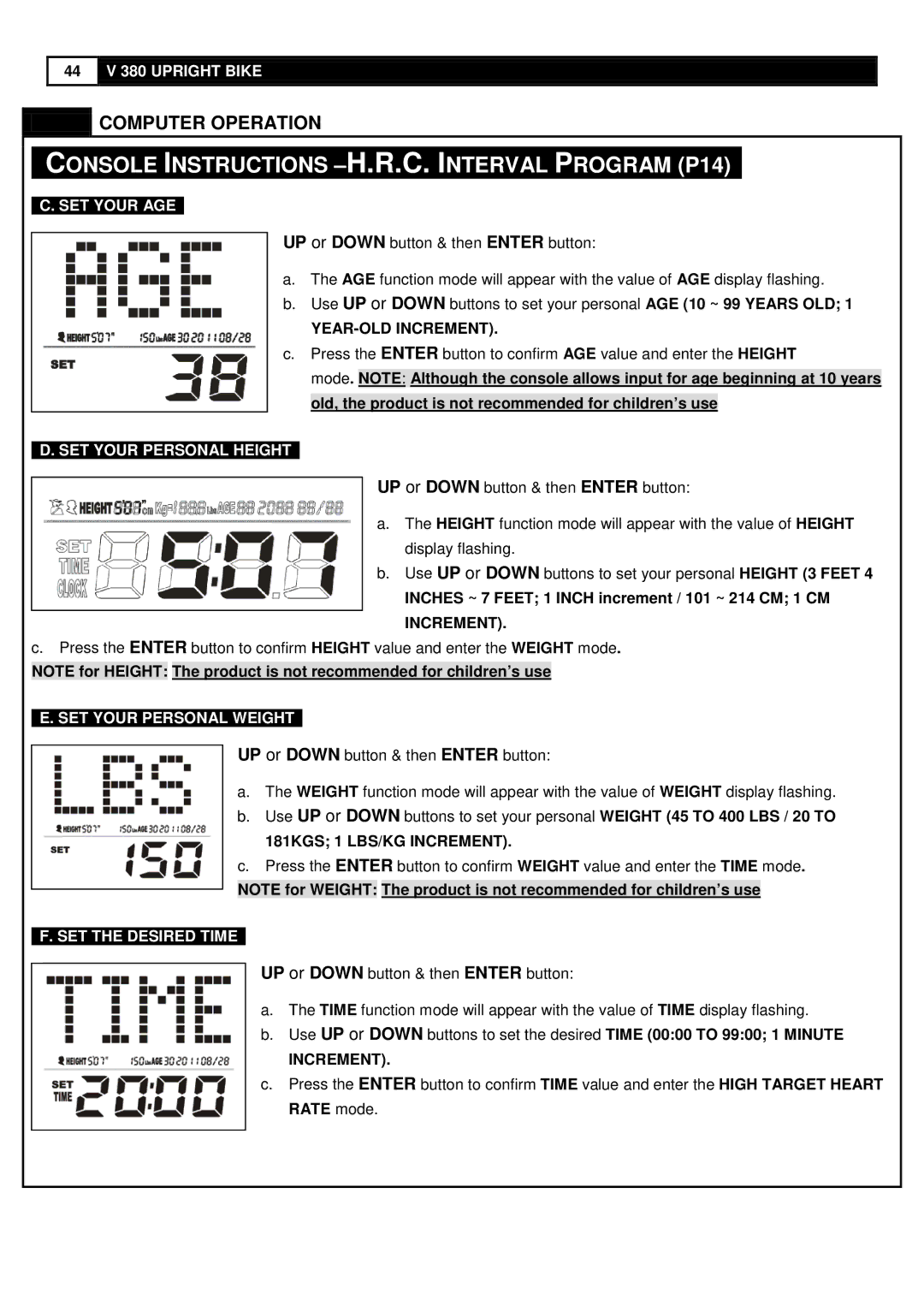 Smooth Fitness V380 user manual SET Your AGE 