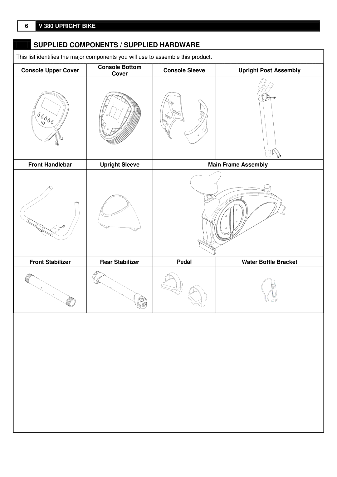 Smooth Fitness V380 user manual Supplied Components / Supplied Hardware 