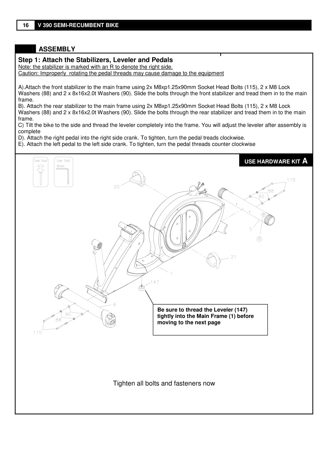 Smooth Fitness V390 user manual Assembly, Attach the Stabilizers, Leveler and Pedals 