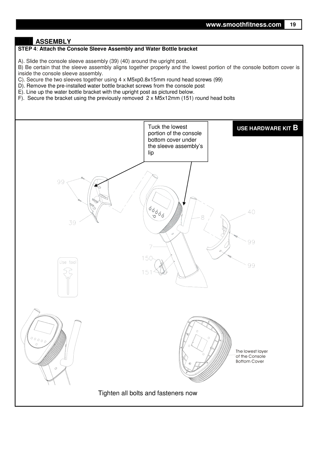 Smooth Fitness V390 user manual Attach the Console Sleeve Assembly and Water Bottle bracket 