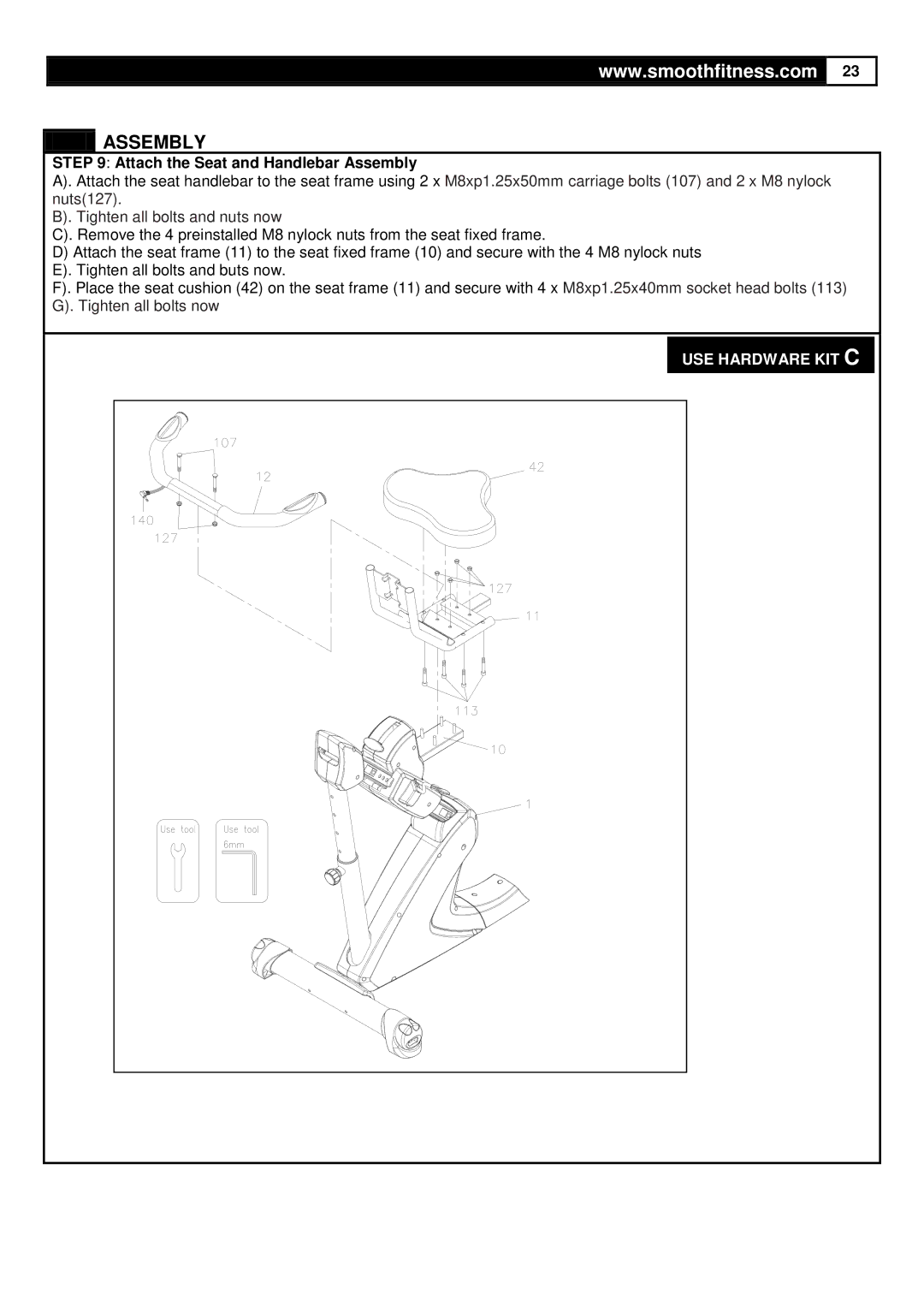 Smooth Fitness V390 user manual Attach the Seat and Handlebar Assembly, Tighten all bolts and nuts now 