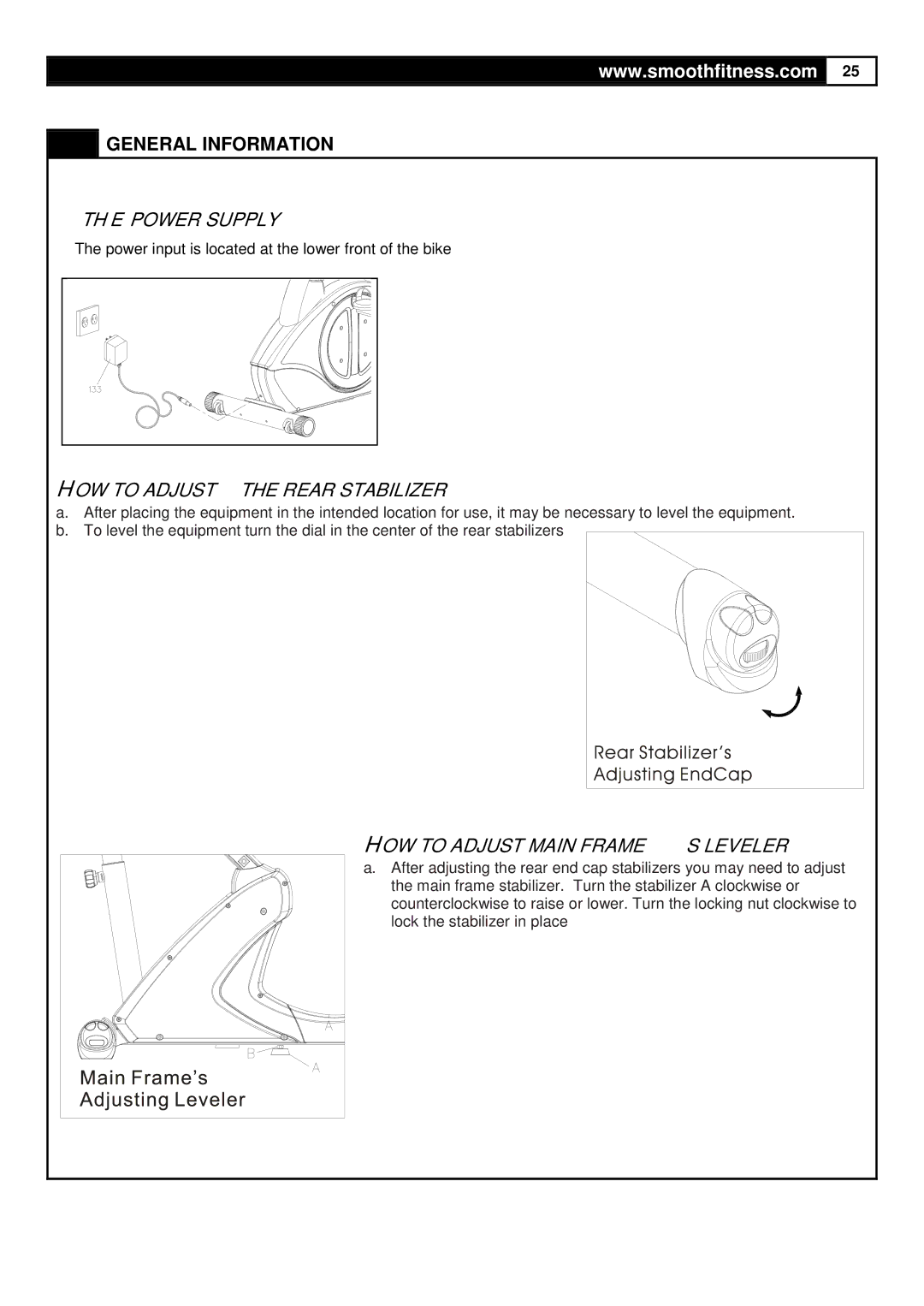 Smooth Fitness V390 user manual General Information, HOW to Adjust the Rear Stabilizer 