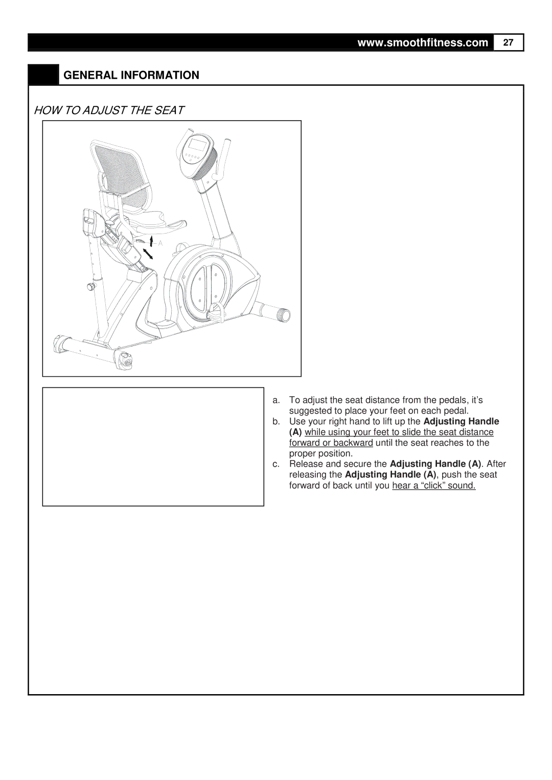 Smooth Fitness V390 user manual HOW to Adjust the Seat 