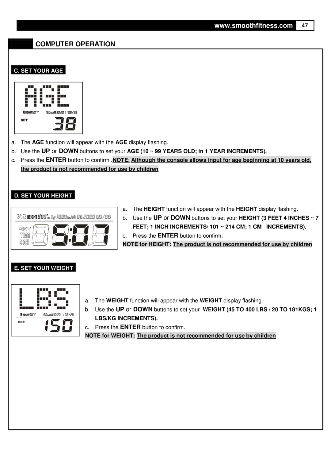 Smooth Fitness V390 user manual SET Your AGE 