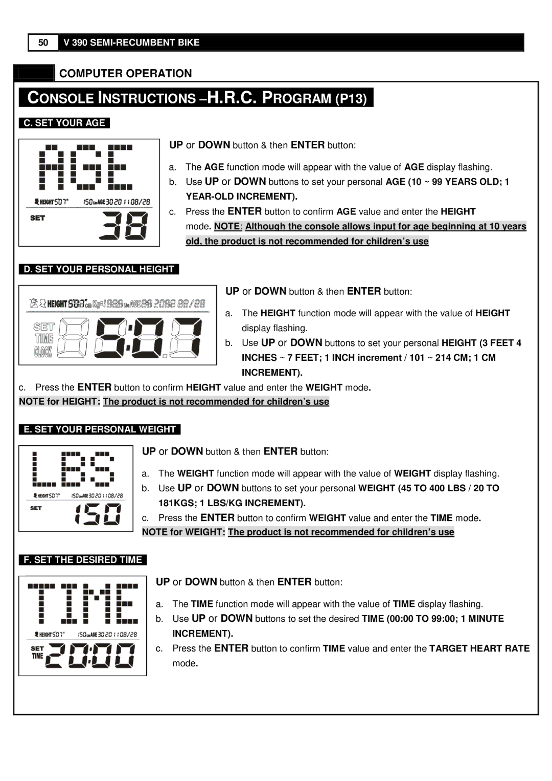 Smooth Fitness V390 user manual Console Instructions -H.R.C. Program P13 