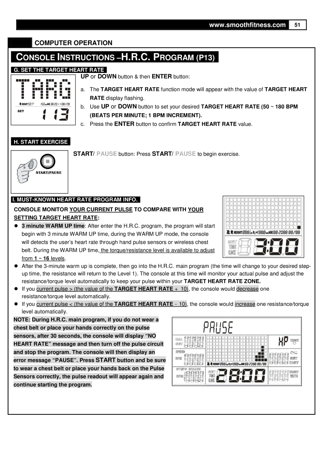 Smooth Fitness V390 user manual Start Exercise 