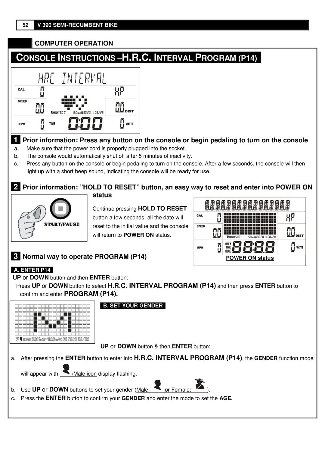 Smooth Fitness V390 user manual Console Instructions -H.R.C. Interval Program P14, Normal way to operate Program P14 