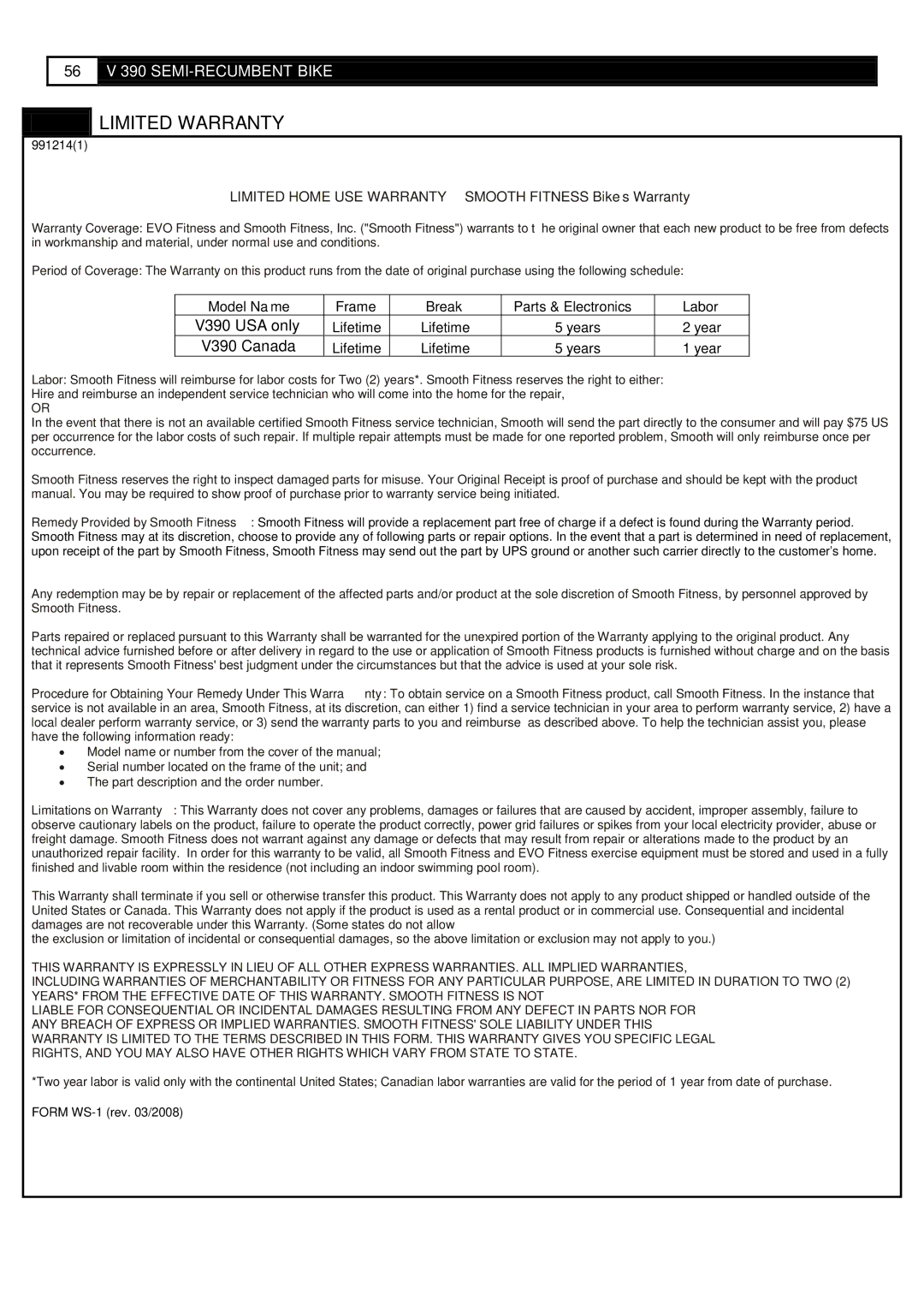 Smooth Fitness user manual Limited Warranty, V390 USA only, V390 Canada 