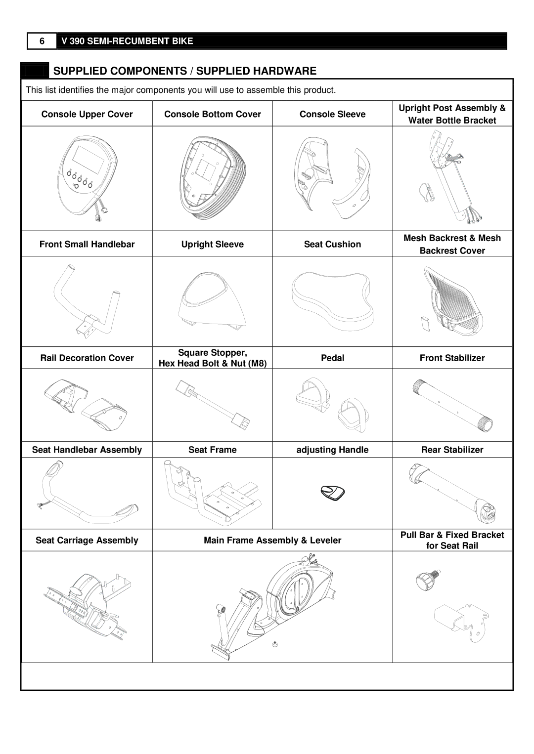 Smooth Fitness V390 user manual Supplied Components / Supplied Hardware, Hex Head Bolt & Nut M8, Seat Handlebar Assembly 