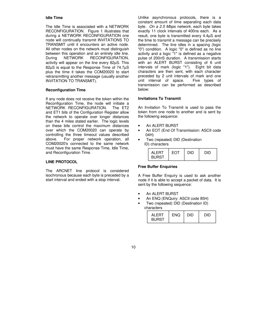 SMSC COM20020 manual Idle Time, Reconfiguration Time, Line Protocol, Invitations To Transmit, Free Buffer Enquiries 