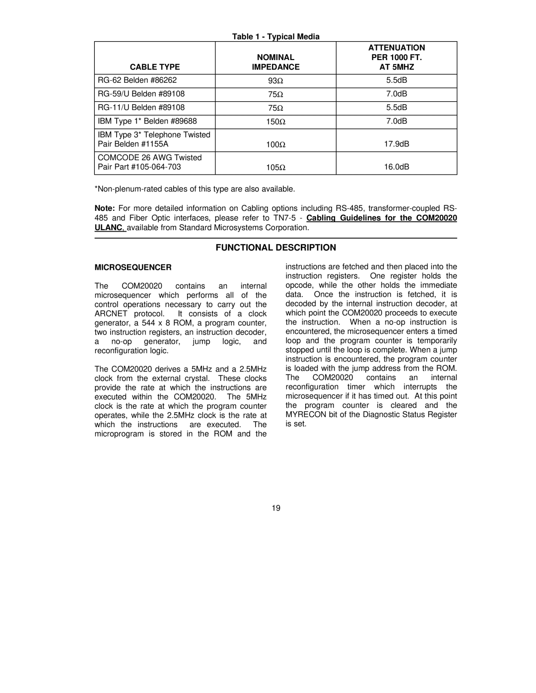 SMSC COM20020 manual Functional Description, Attenuation, Nominal, Cable Type Impedance AT 5MHZ, Microsequencer 