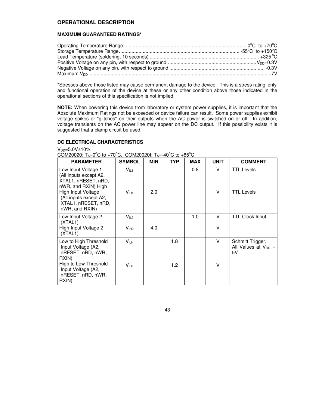 SMSC COM20020 manual Operational Description, Maximum Guaranteed Ratings, DC Electrical Characteristics 