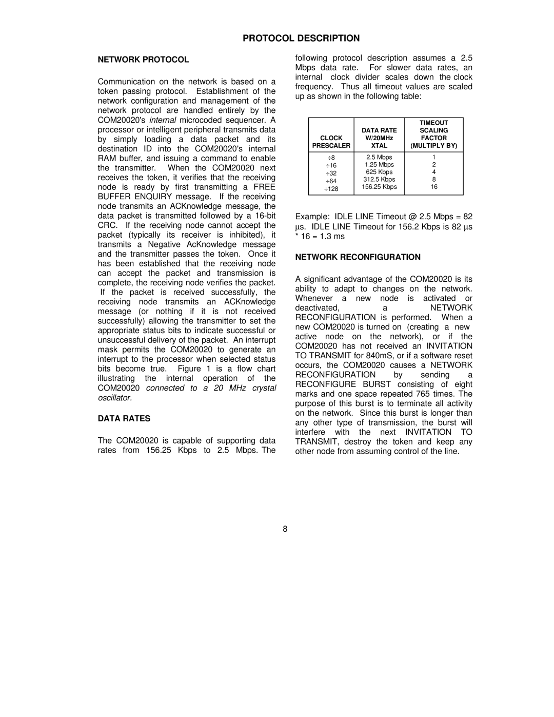 SMSC COM20020 manual Protocol Description, Network Protocol, Data Rates, Network Reconfiguration 