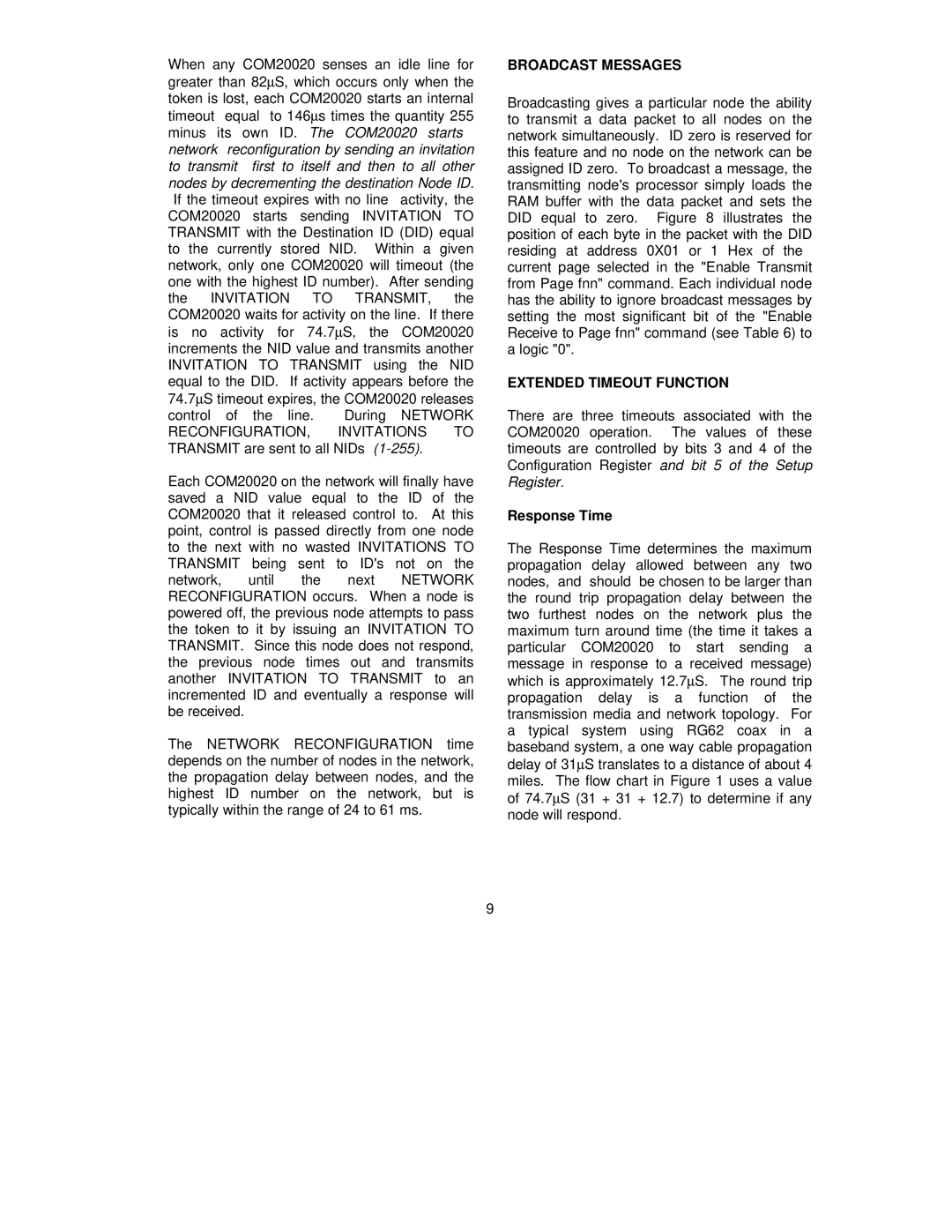 SMSC COM20020 manual Broadcast Messages, Extended Timeout Function, Response Time 