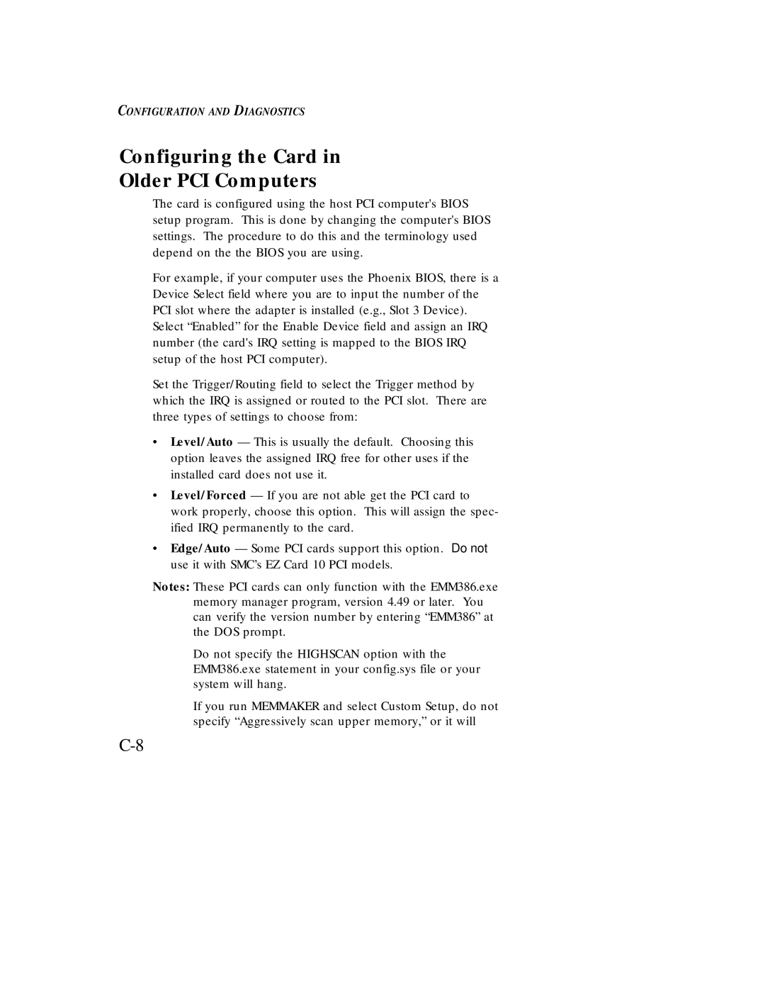 SMSC EZ Card 10 manual Configuring the Card Older PCI Computers 