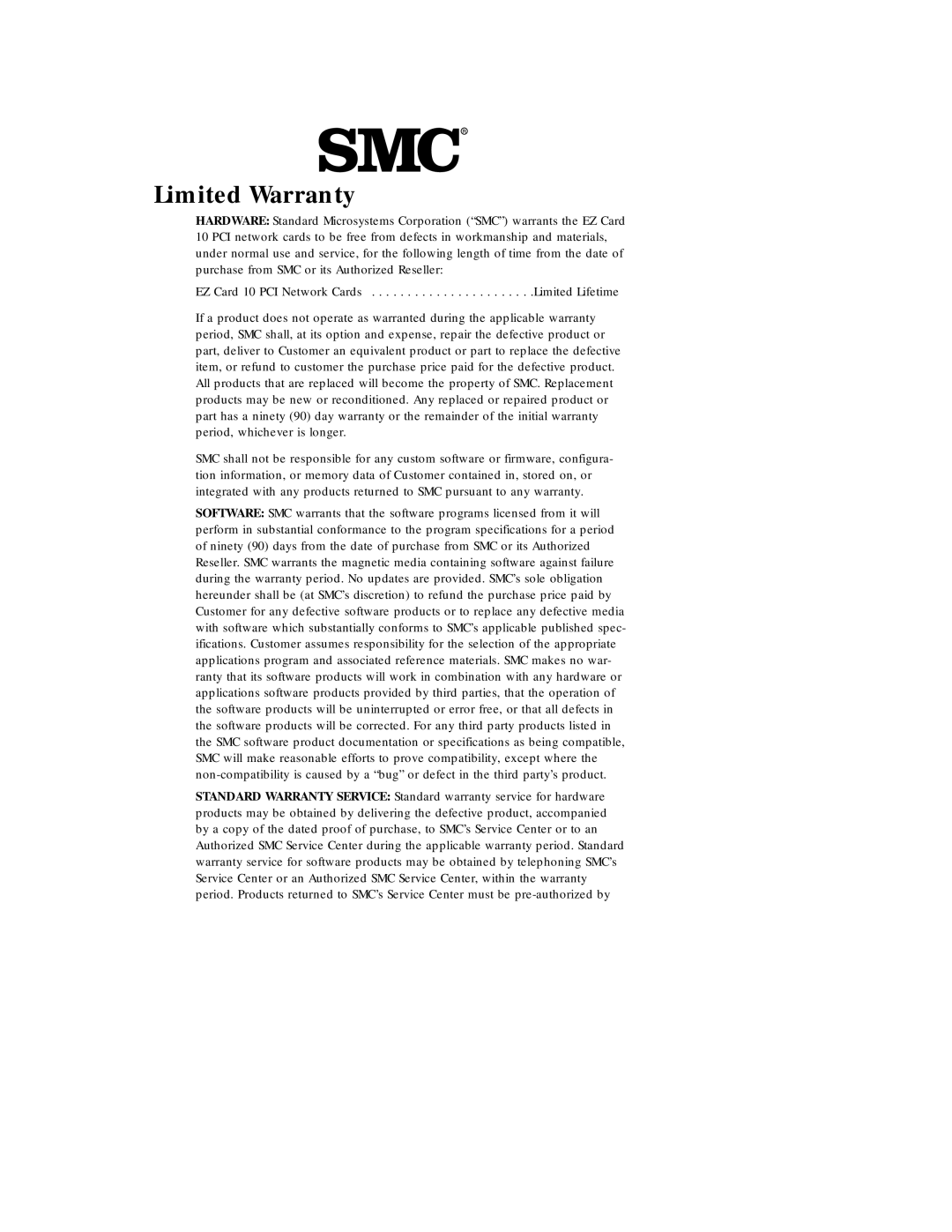 SMSC EZ Card 10 manual Limited Warranty 