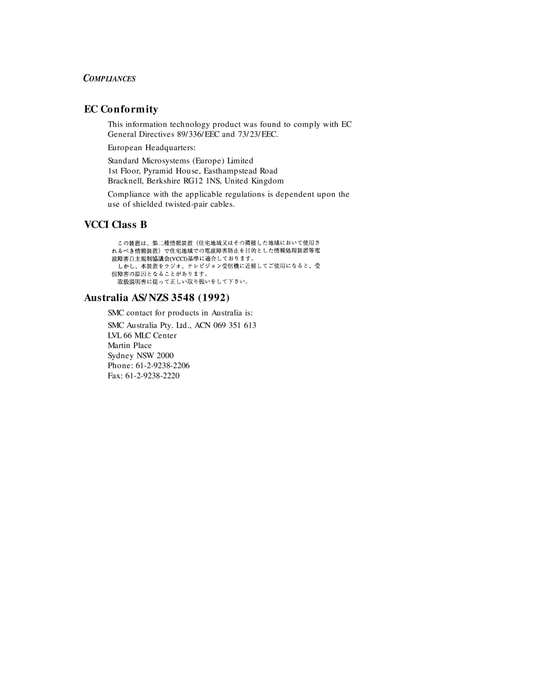 SMSC EZ Card 10 manual EC Conformity, Vcci Class B Australia AS/NZS 3548 