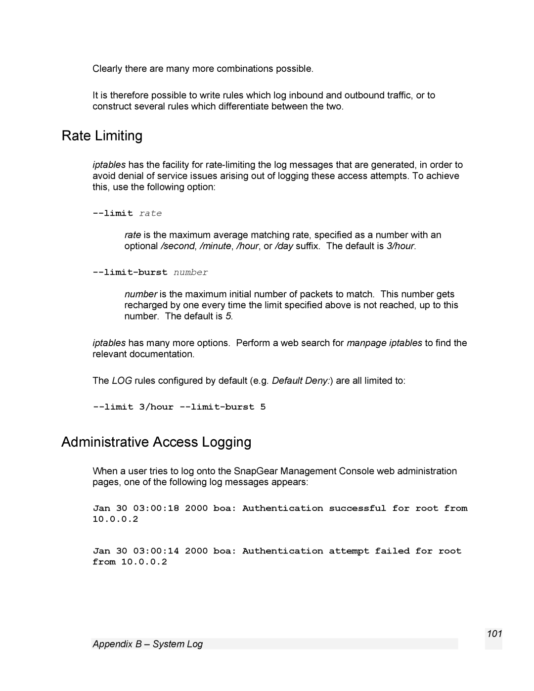 SnapGear 1.7.8 manual Rate Limiting, Administrative Access Logging 