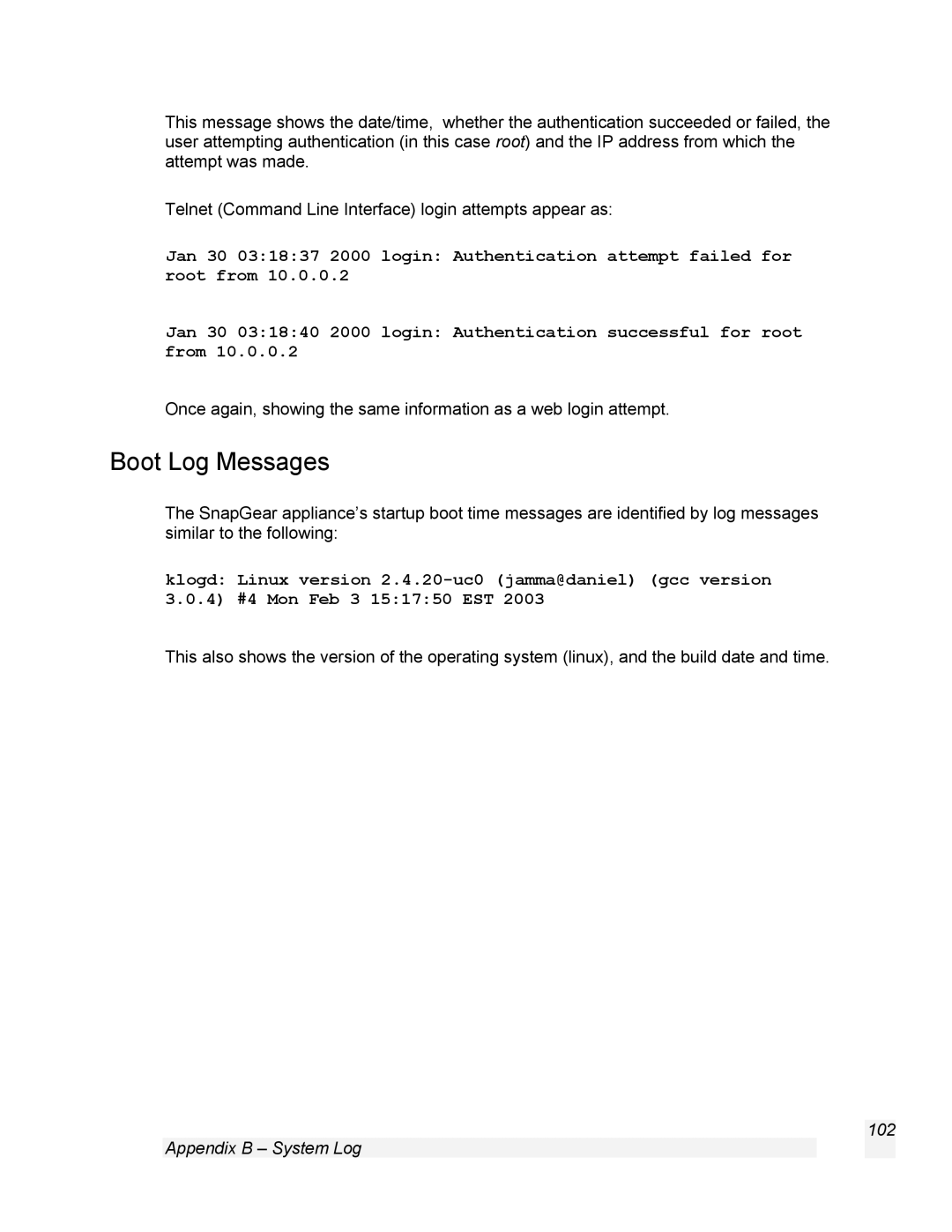 SnapGear 1.7.8 manual Boot Log Messages 