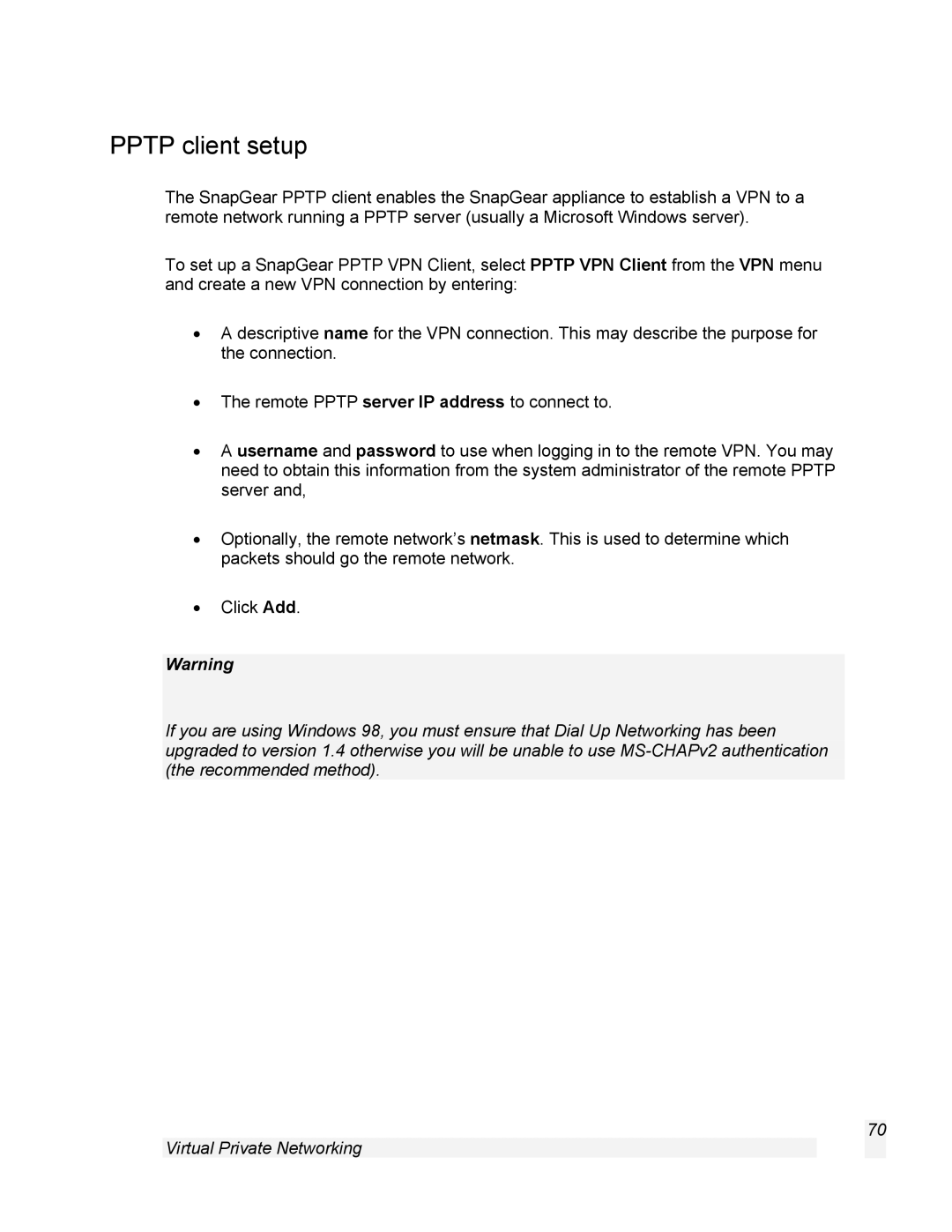 SnapGear 1.7.8 manual Pptp client setup 