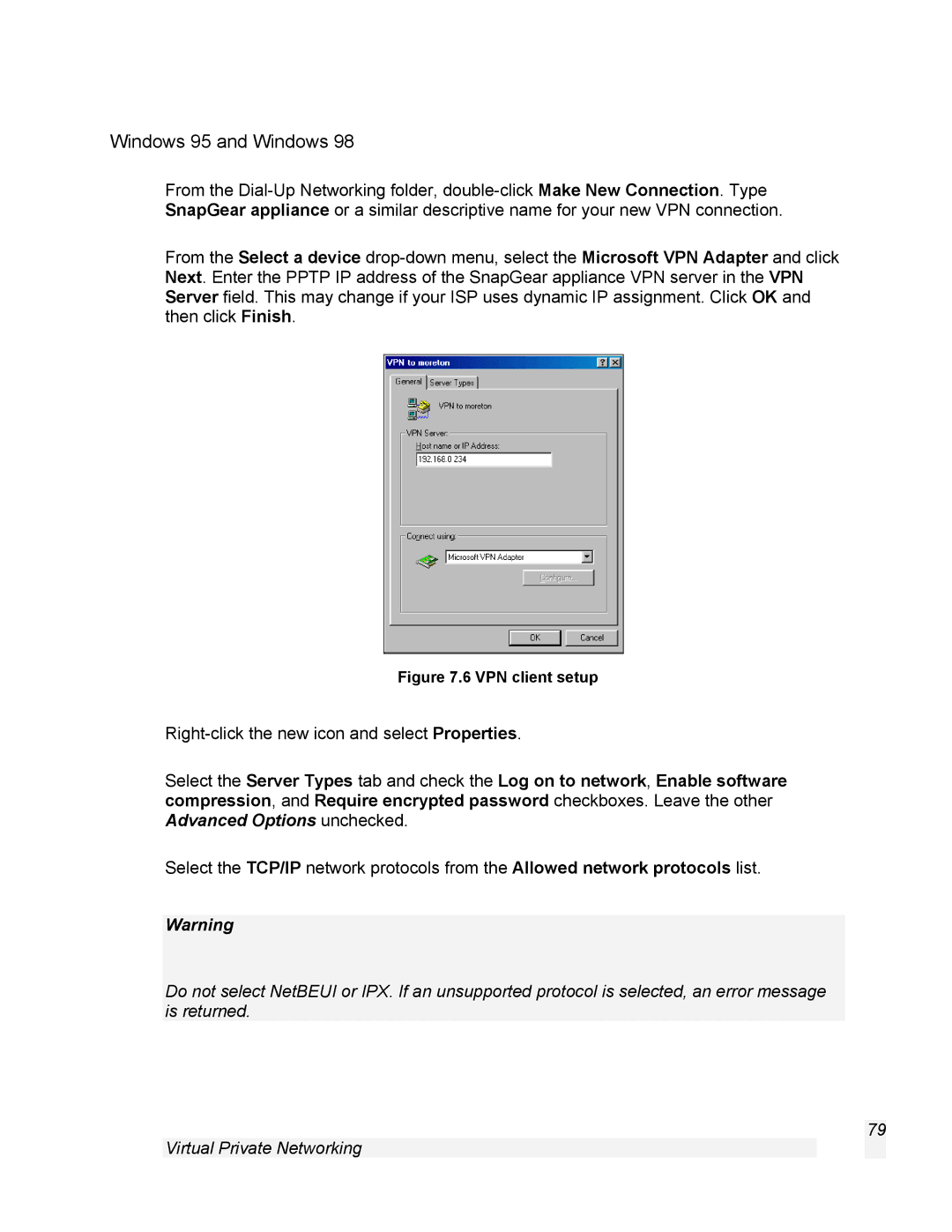 SnapGear 1.7.8 manual Windows 95 and Windows, VPN client setup 