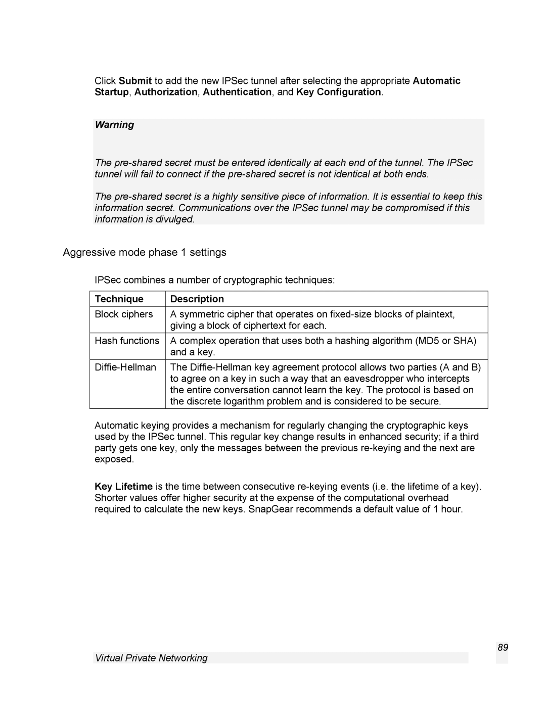 SnapGear 1.7.8 manual Aggressive mode phase 1 settings, Technique Description 