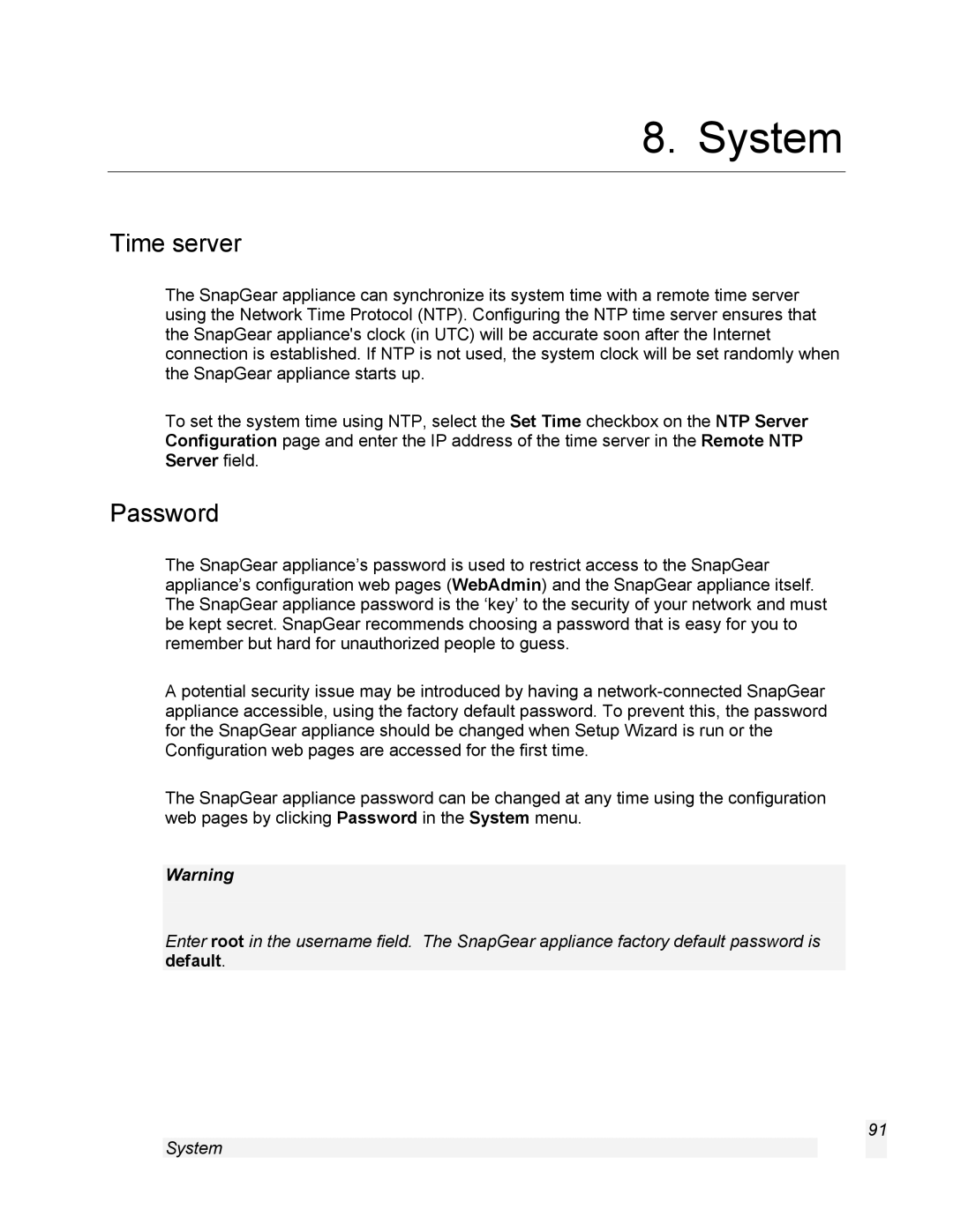 SnapGear 1.7.8 manual System, Time server, Password 