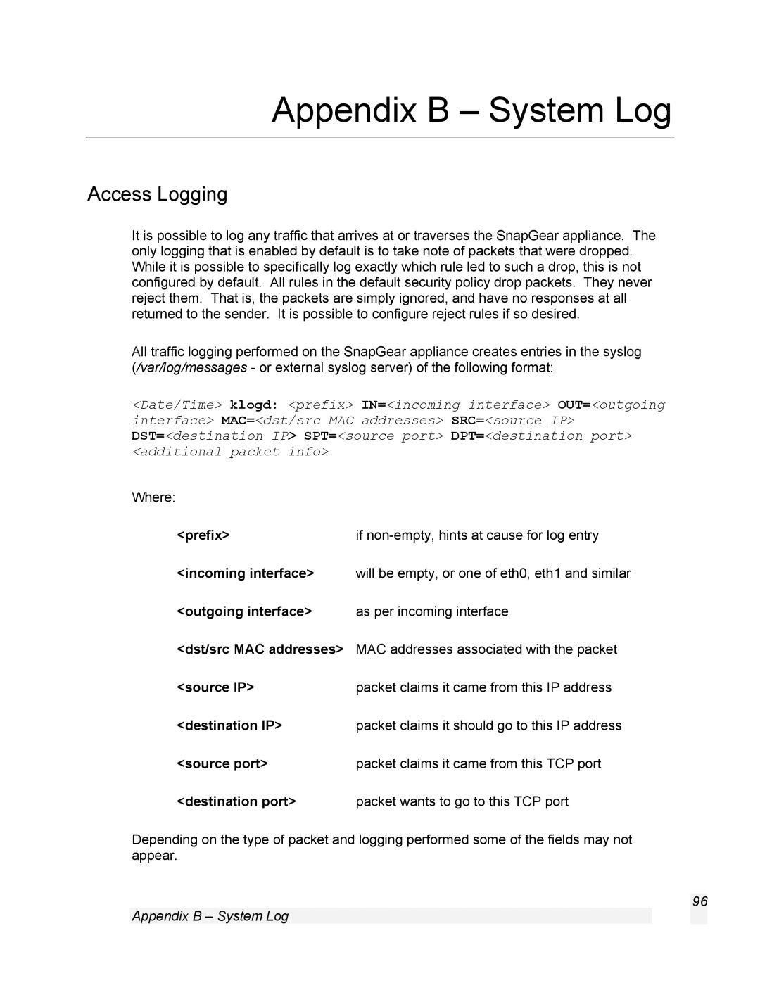 SnapGear 1.7.8 manual Appendix B System Log, Access Logging 