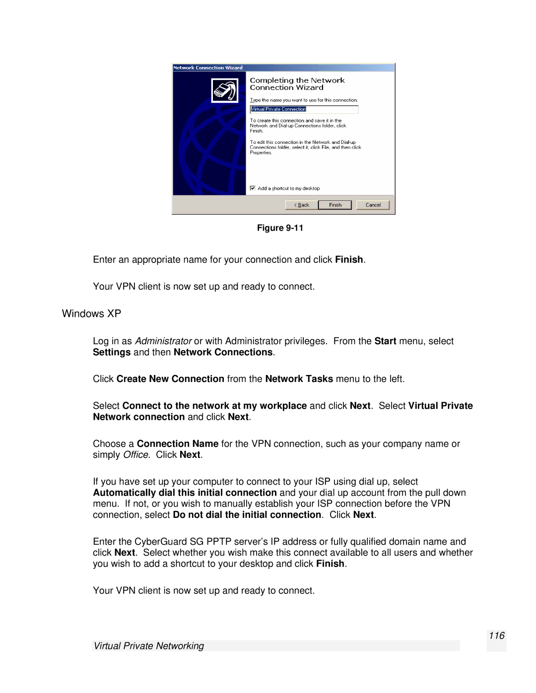 SnapGear 2.0.1 user manual Windows XP, Virtual Private Networking 