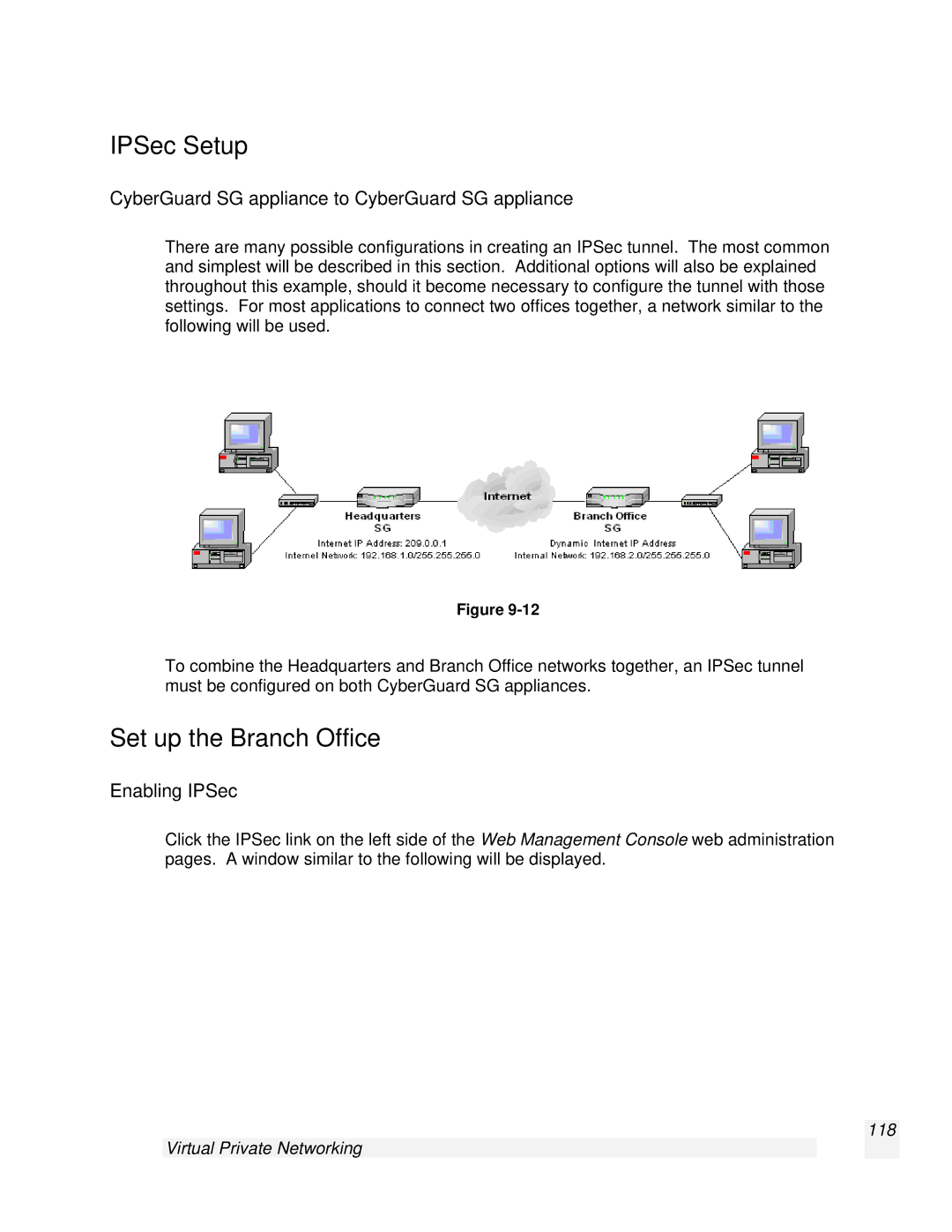 SnapGear 2.0.1 IPSec Setup, Set up the Branch Office, CyberGuard SG appliance to CyberGuard SG appliance, Enabling IPSec 