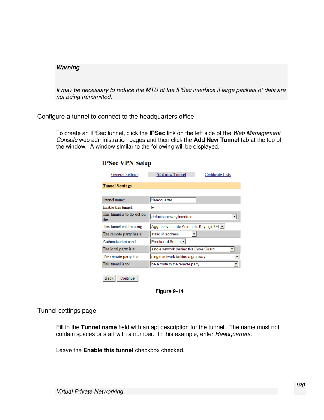 SnapGear 2.0.1 Configure a tunnel to connect to the headquarters office, Tunnel settings, Virtual Private Networking 