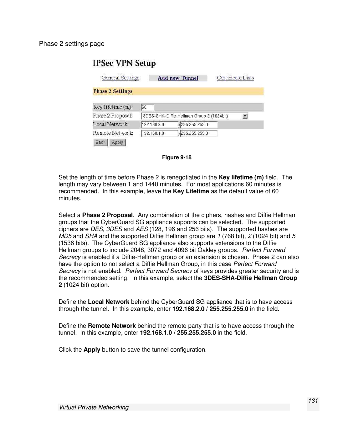 SnapGear 2.0.1 user manual Phase 2 settings, Virtual Private Networking 