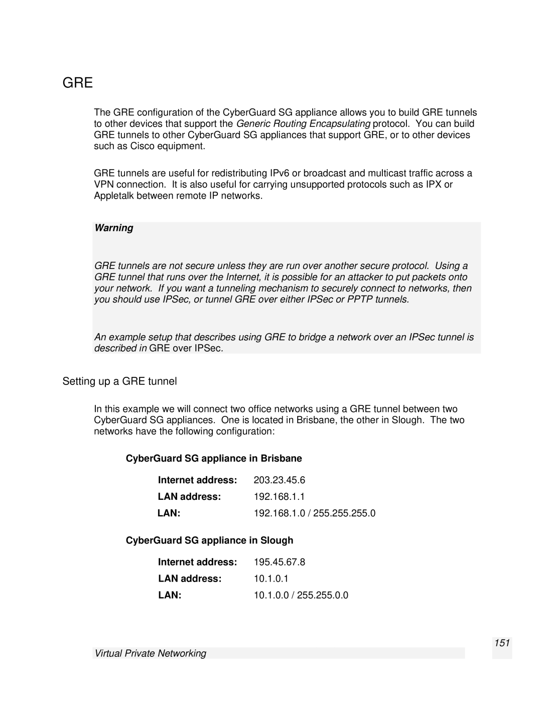 SnapGear 2.0.1 user manual Setting up a GRE tunnel, CyberGuard SG appliance in Brisbane Internet address, LAN address 