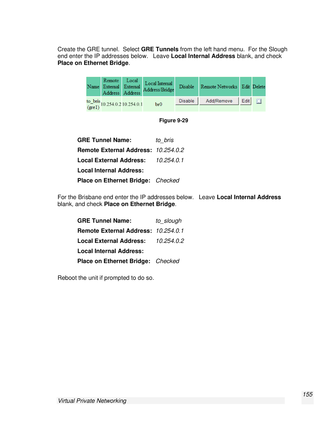 SnapGear 2.0.1 user manual Local Internal Address Place on Ethernet Bridge, Virtual Private Networking 