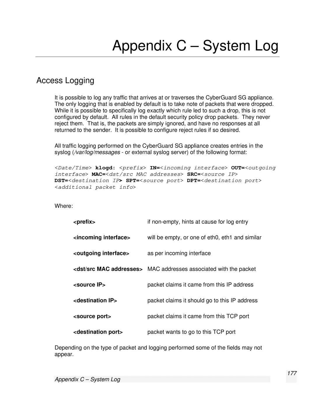 SnapGear 2.0.1 user manual Appendix C System Log, Access Logging 