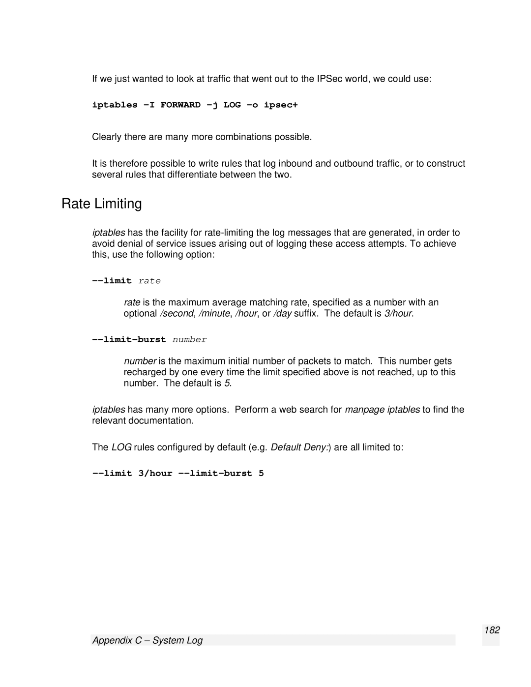 SnapGear 2.0.1 user manual Rate Limiting, Appendix C System Log 