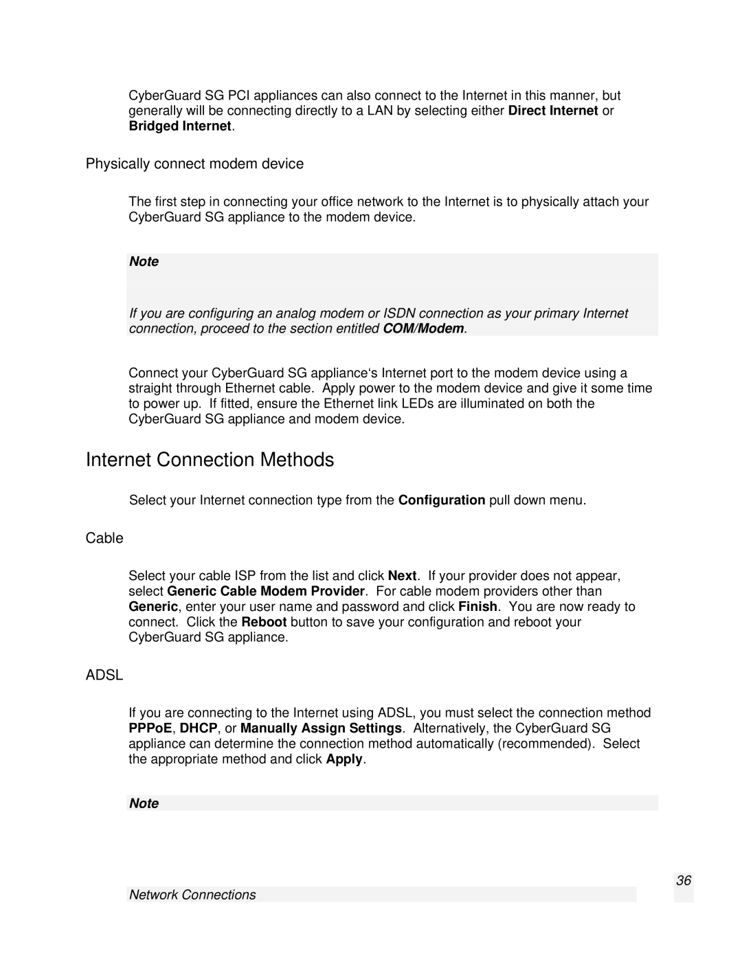 SnapGear 2.0.1 user manual Internet Connection Methods, Physically connect modem device, Cable 