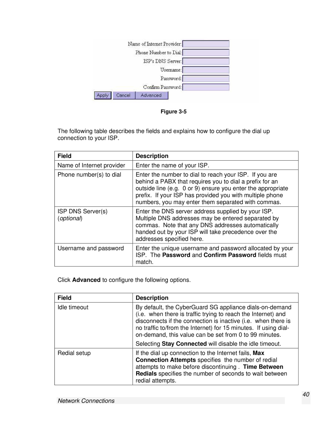 SnapGear 2.0.1 user manual Field Description, Optional, ISP. The Password and Confirm Password fields must 