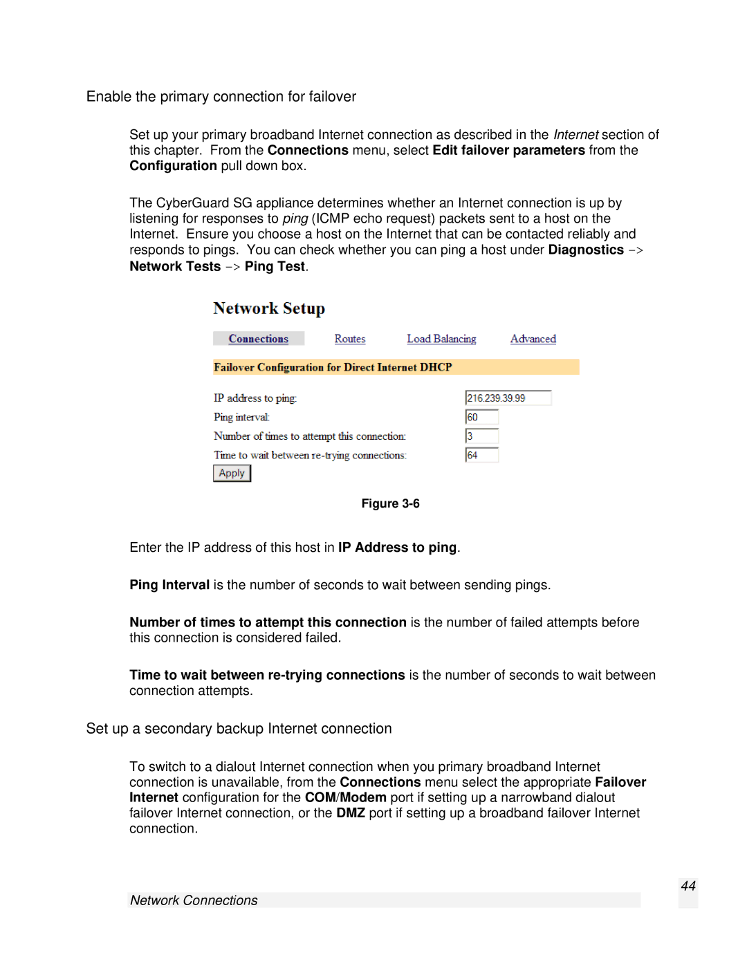 SnapGear 2.0.1 user manual Enable the primary connection for failover, Set up a secondary backup Internet connection 