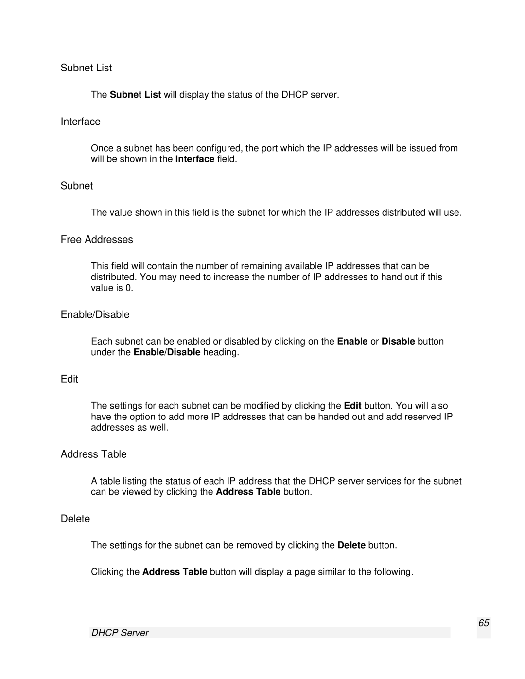 SnapGear 2.0.1 user manual Subnet List, Interface, Free Addresses, Enable/Disable, Edit, Address Table, Delete 